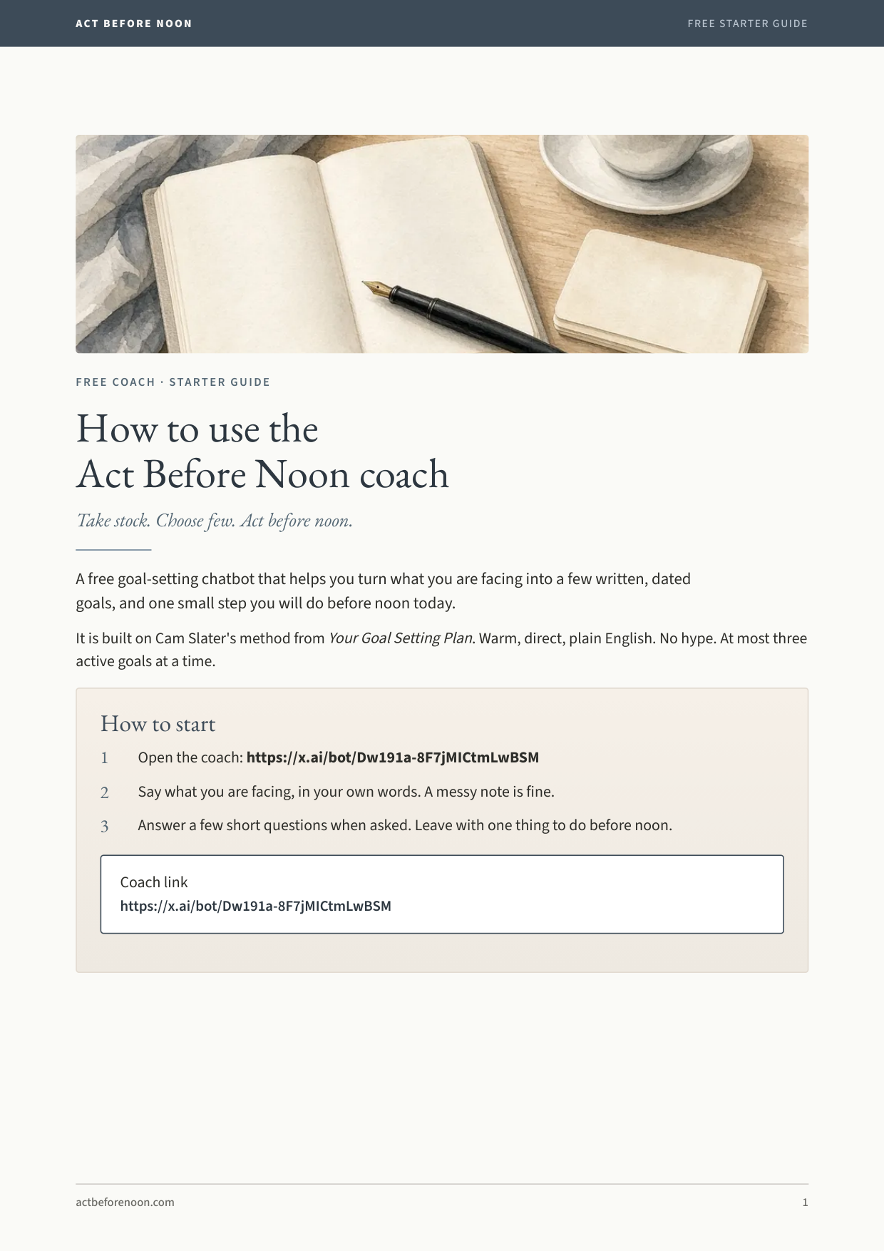 Cover of the free Starter guide: how to use the Act Before Noon coach