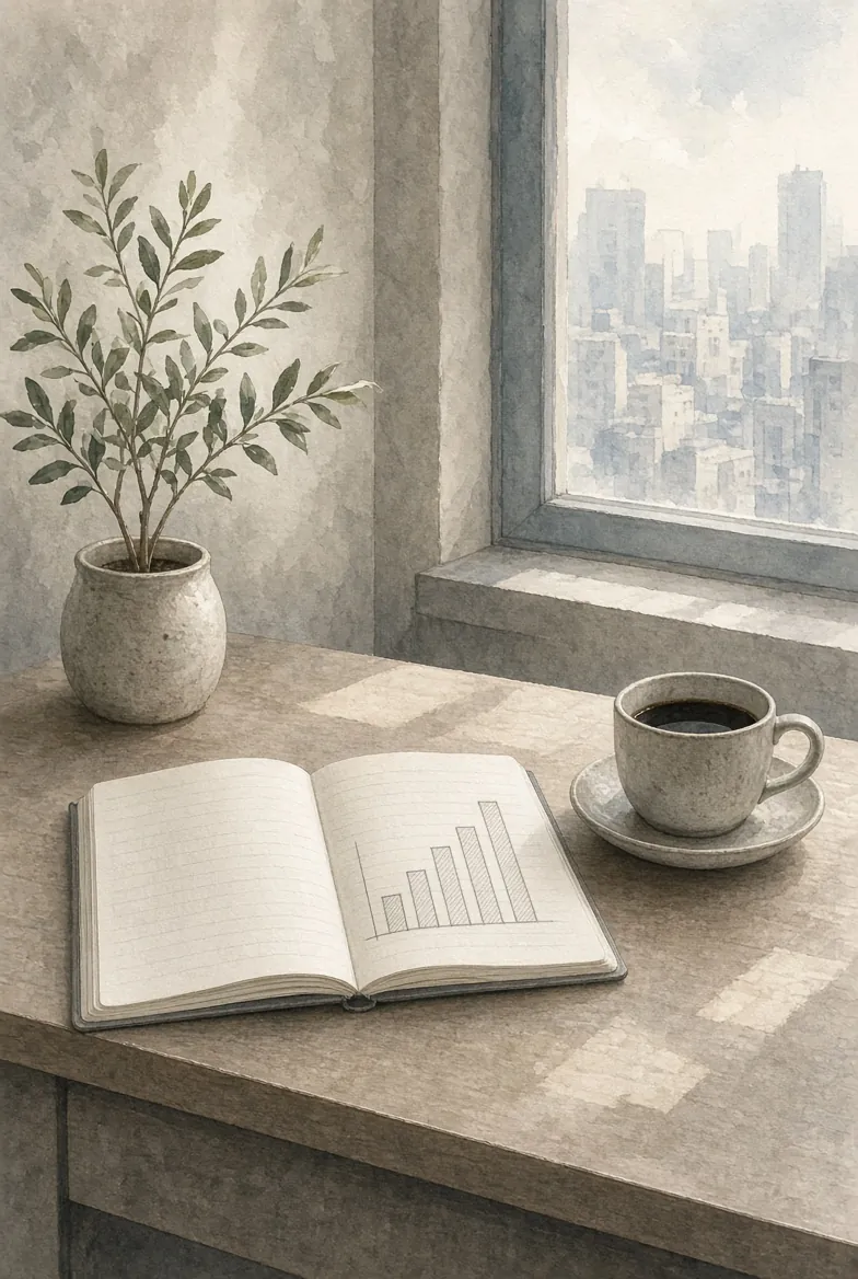 Watercolour still life: an olive plant in a stone pot by a window, a cup of black coffee and an open notebook on the sill.